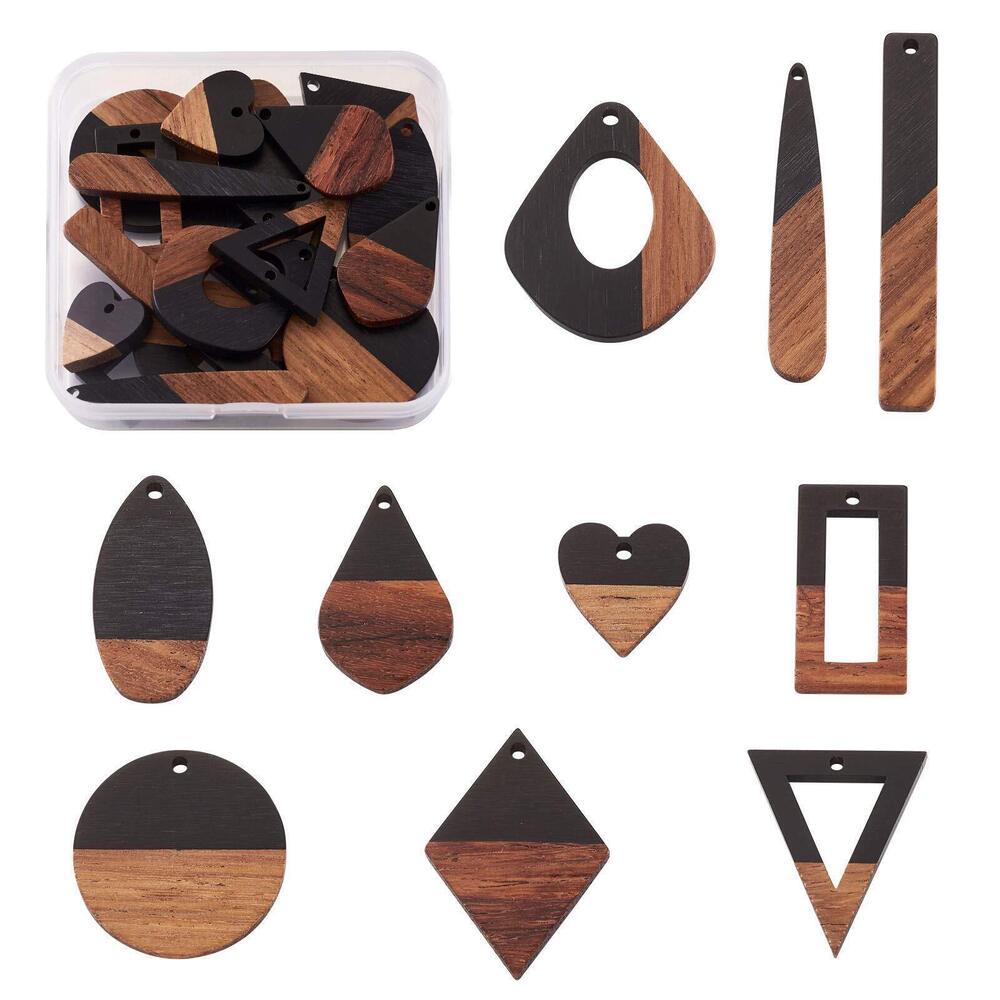 8186 20Pcs Resin Wooden Pendants 10 Styles Rectangle Teardrop Rhombus Flat